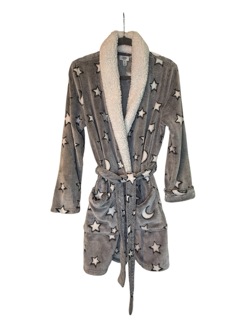 Jenni Plush Shawl Collar Robe in Gray with Star & Moon Print